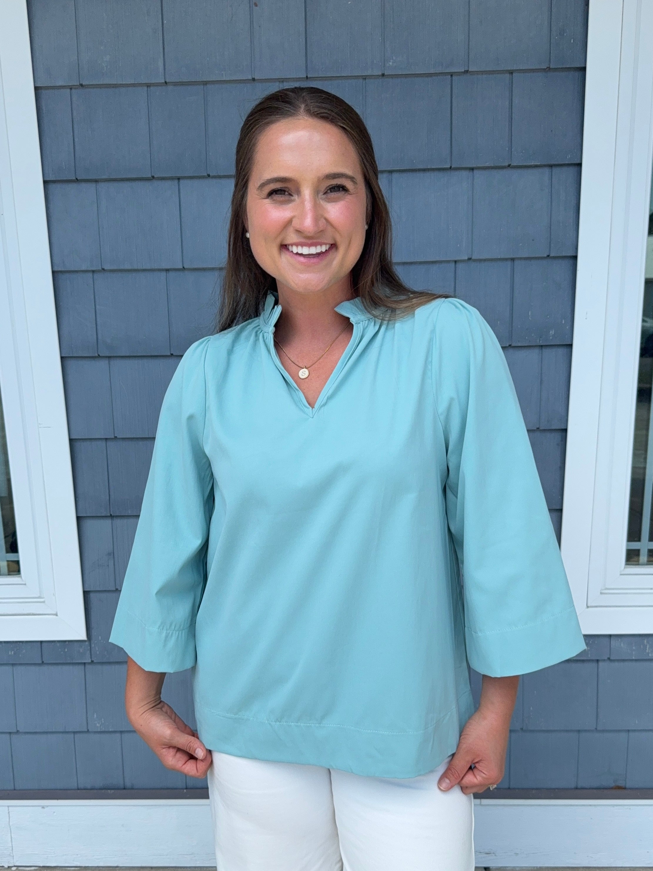 Seafoam Ruffled Neck Blouse