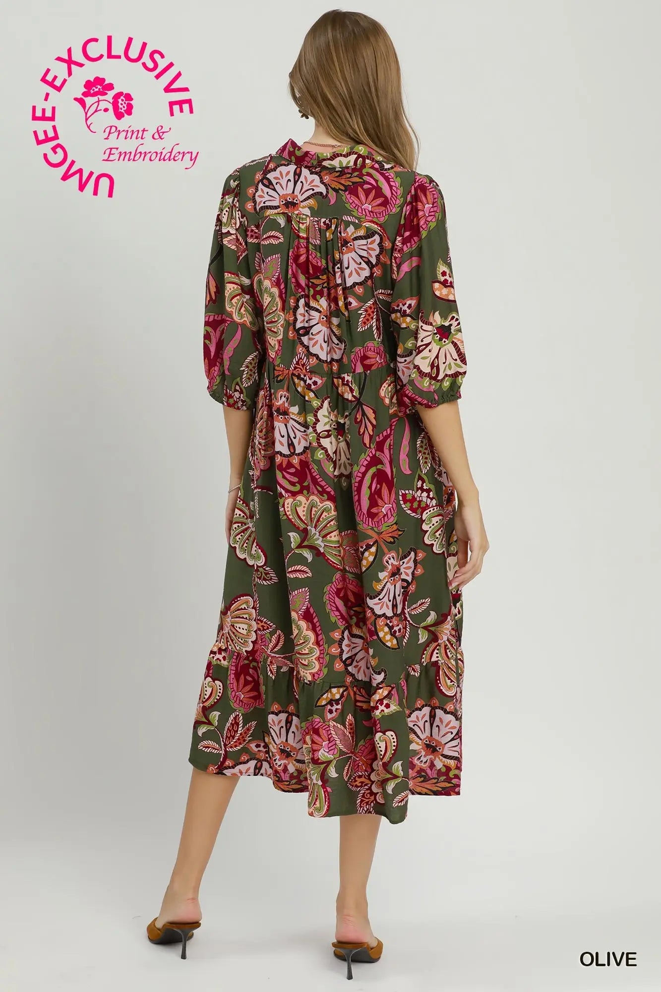 PREORDER: Olive Boho Paisley Pink Midi Dress