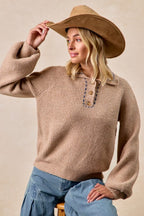 Mocha Solid Buttoned Navy Trim Sweater Top