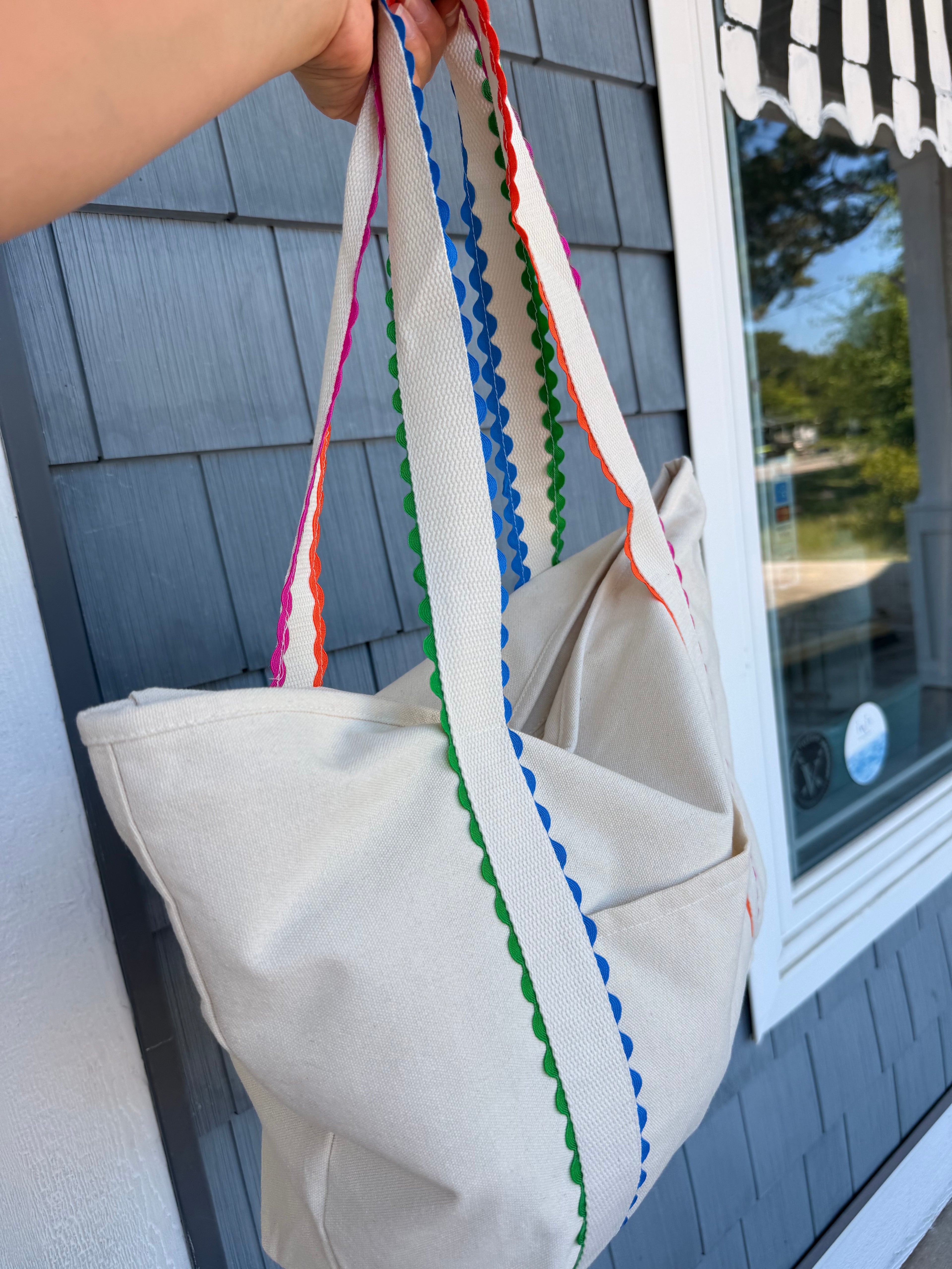 Khaki Canvas Bag With Colorful Ric Rack Trim