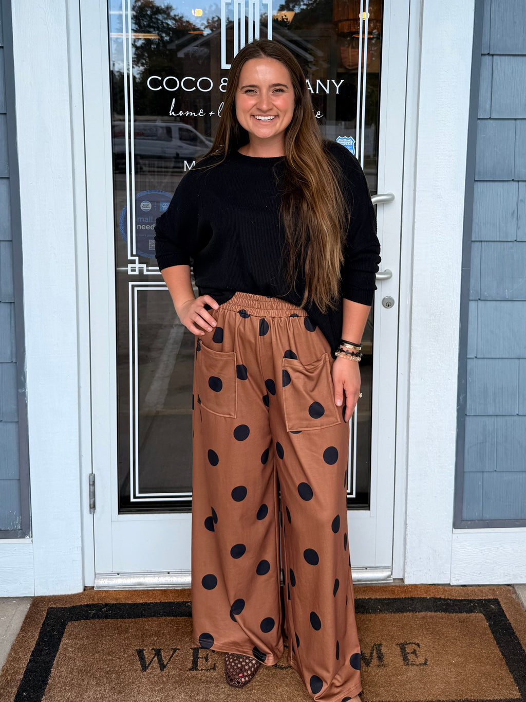 Brown & Black Polka Dot Elastic Wide Leg Pants