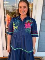 Navy Embroidered Button Down Midi Dress