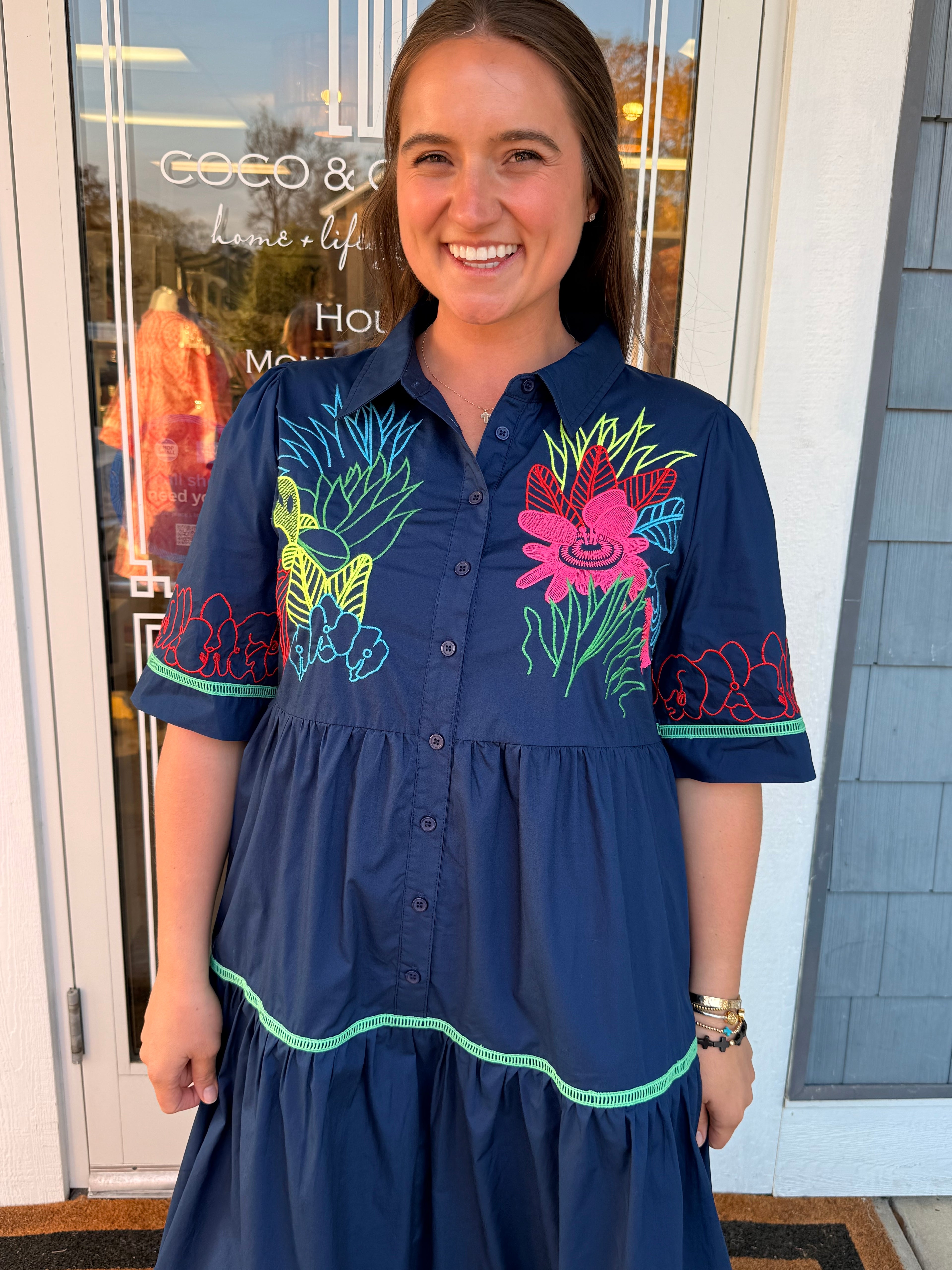 Navy Embroidered Button Down Midi Dress