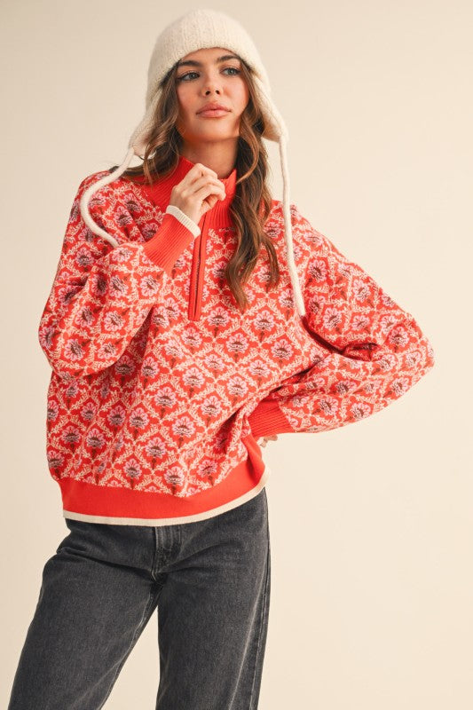 Red Orange Multi Floral Half Zip Mock Neck Pullover Sweater