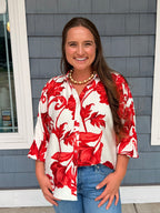 Red Floral Button Down Sleeve Top