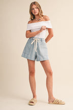 Mixed Stripe Light Denim Drawstring Shorts