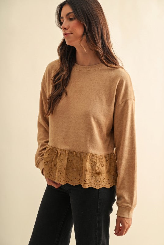 Taupe Eyelet Lace Hem Fleece Top