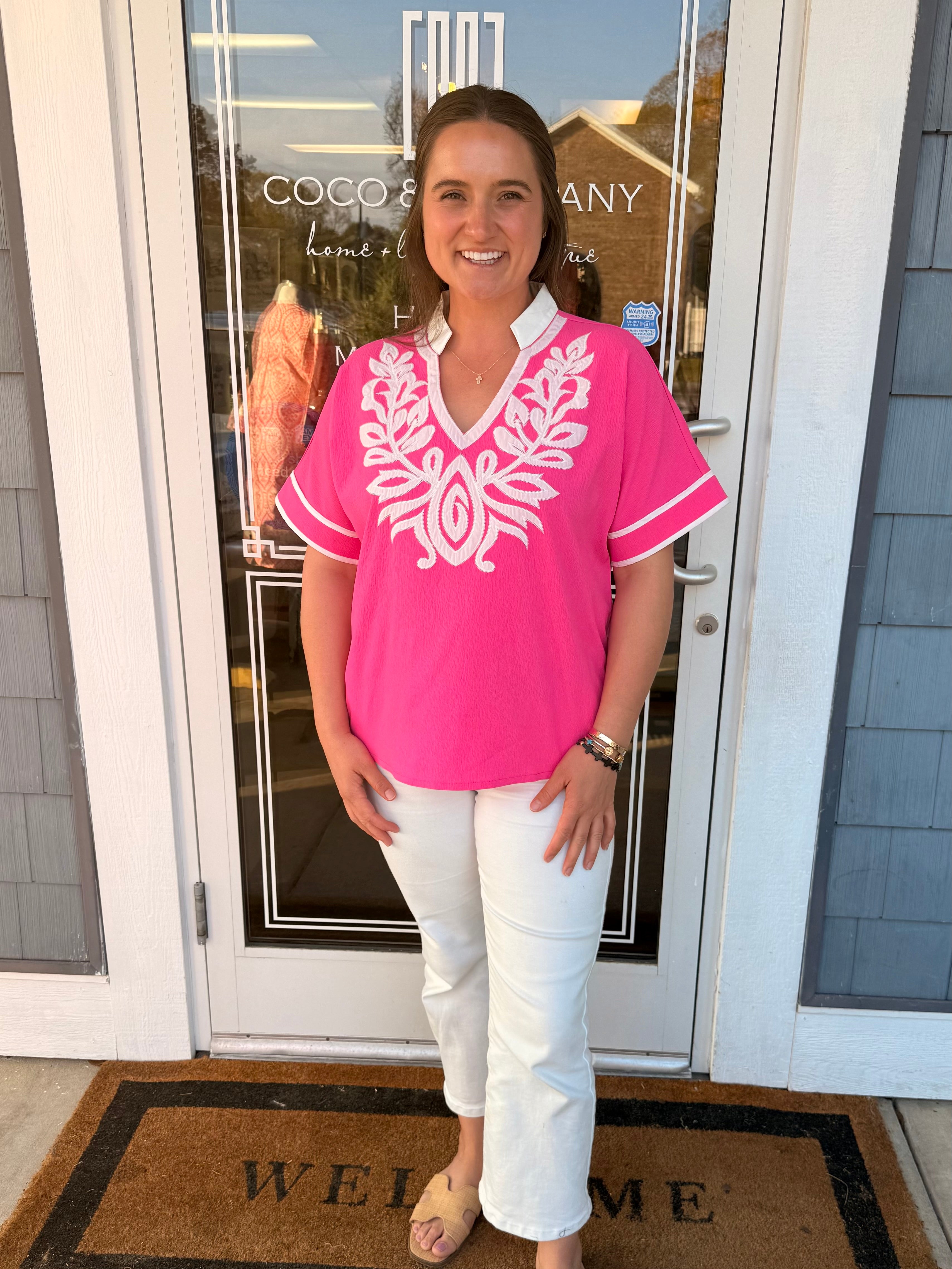 Hot Pink Baroque Appliqué Crinkle Top