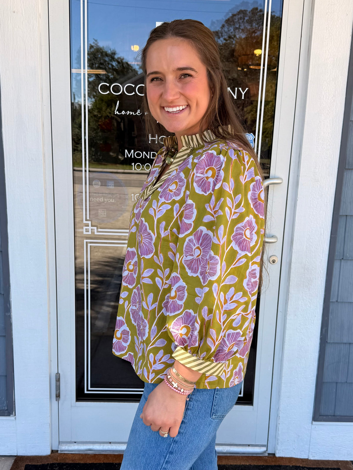 Green Floral V-neck Top