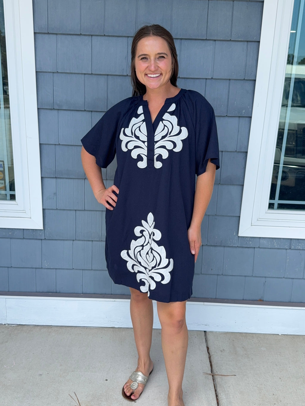 Navy Linen V-Neck Dress