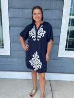 Navy Linen V-Neck Dress