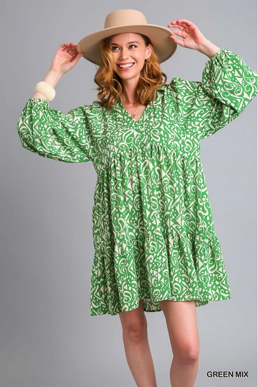 Green Print Tiered Dress