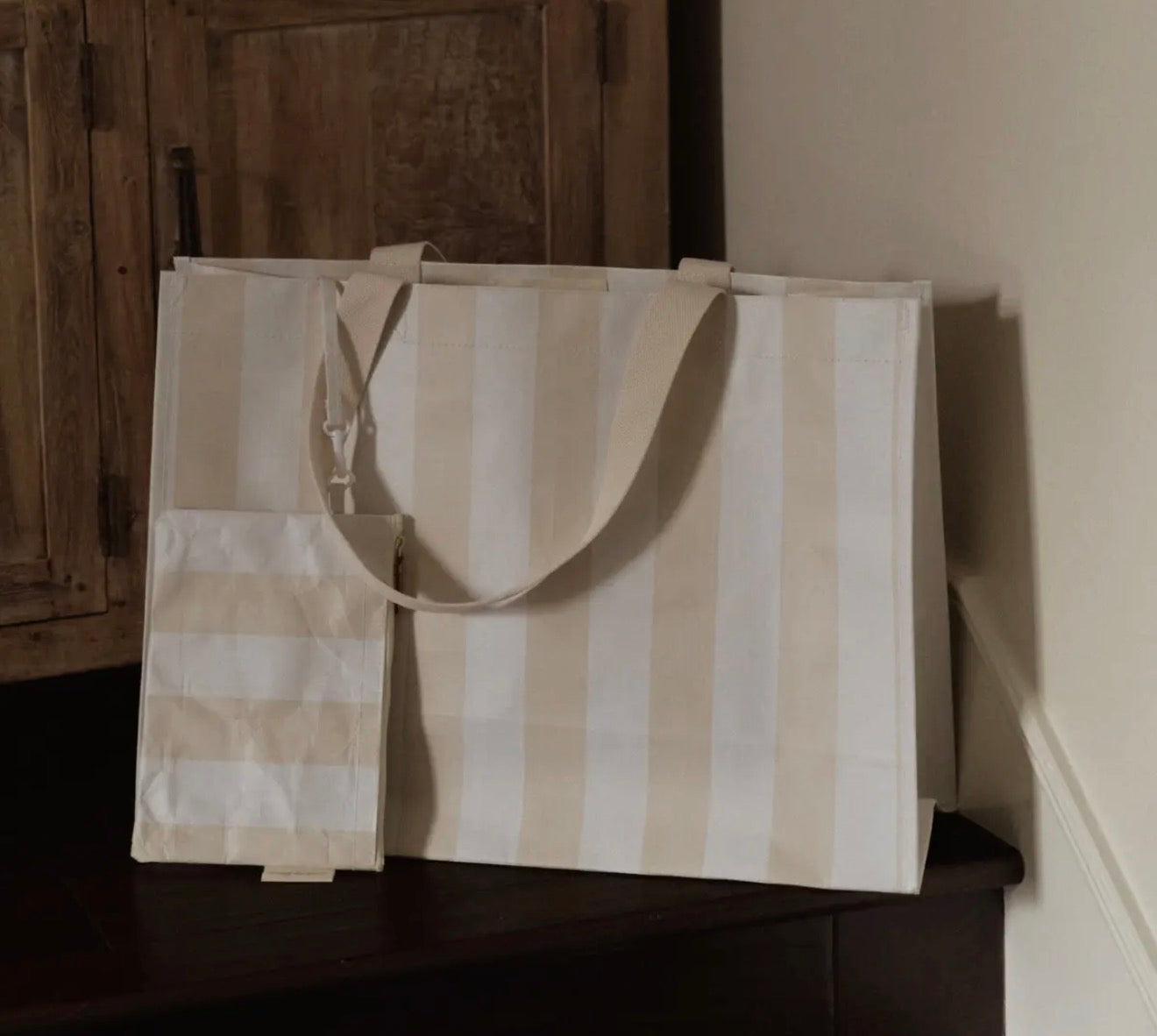 Taupe Thick Stripe XL All Day Bag With Matching Removable Pouch