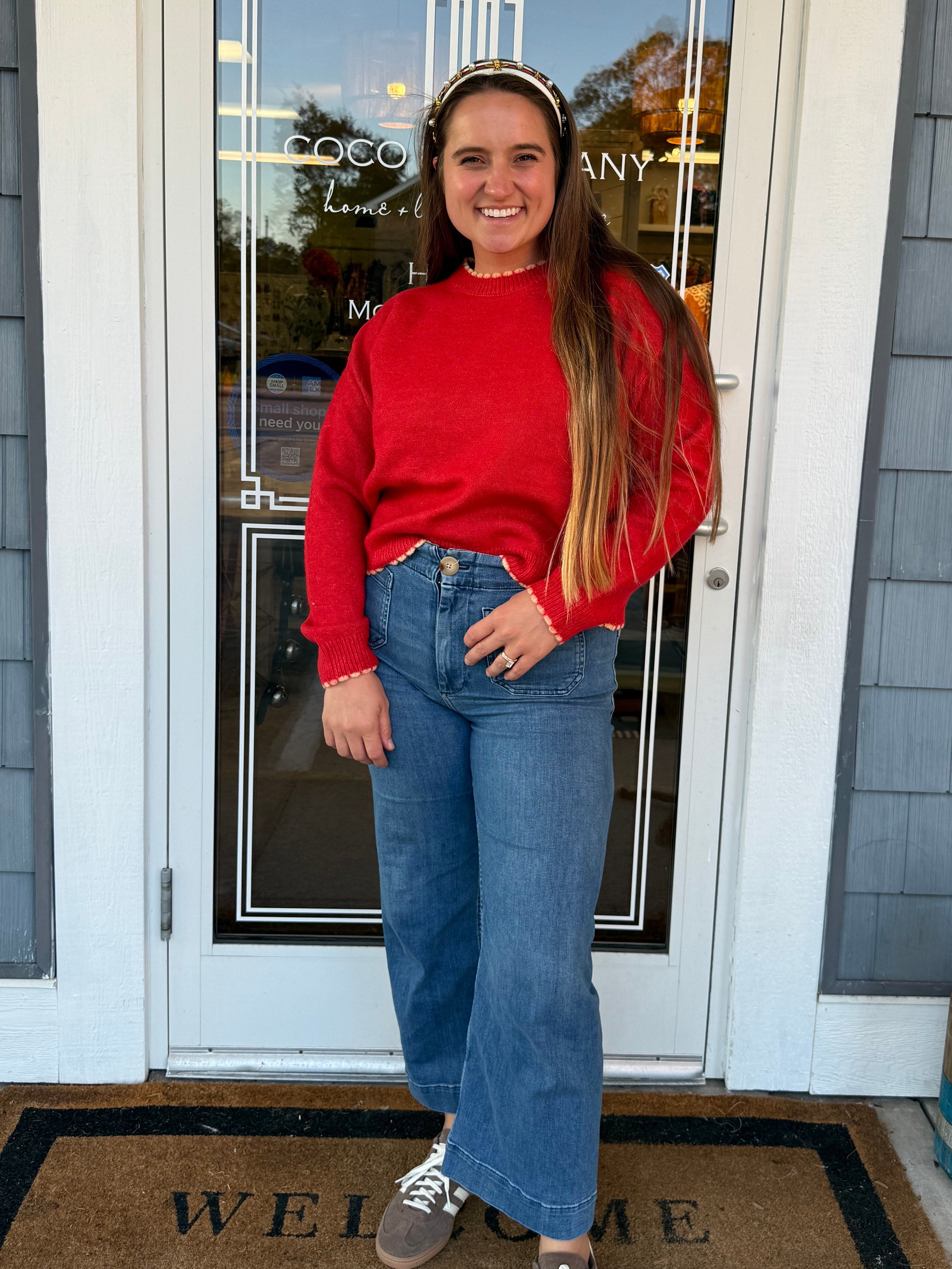 Red Knit Scalloped Edge Sweater