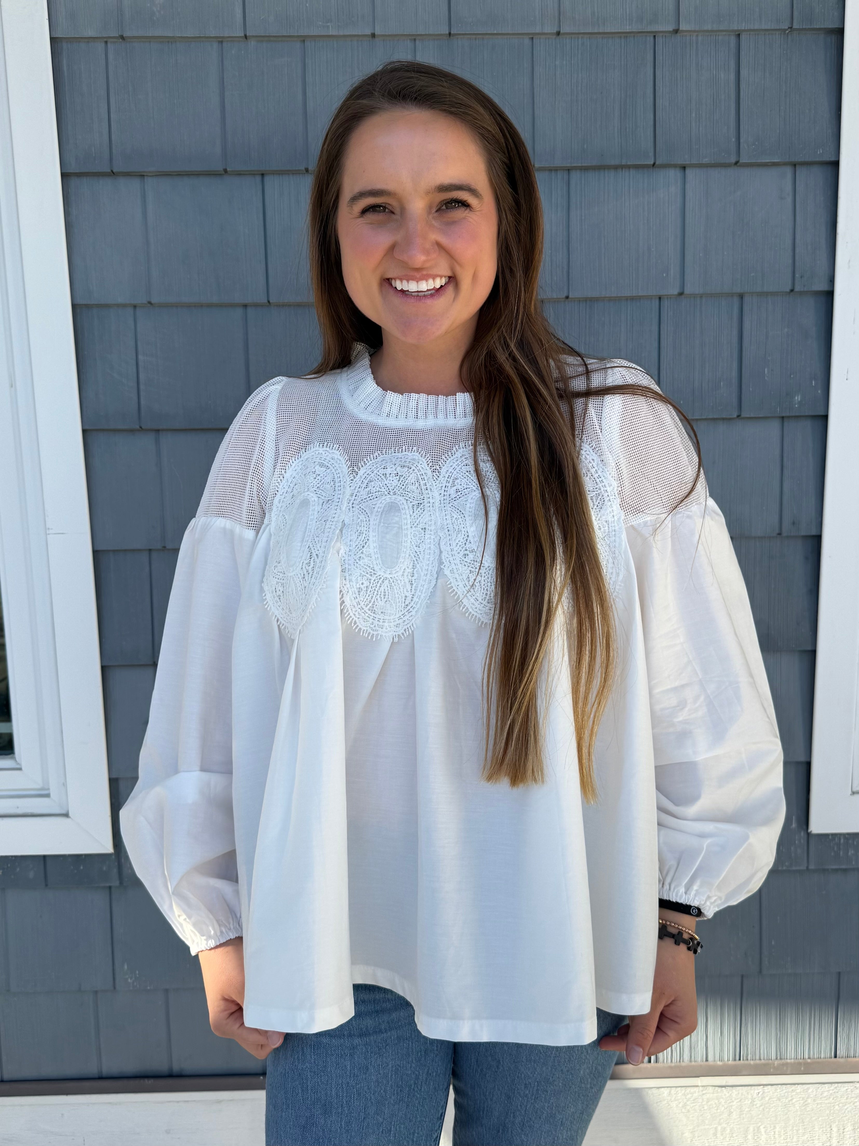 Lace Appliqué Mixed Media LS Blouse White