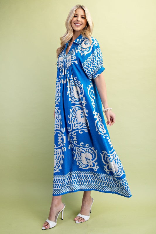 Vibrant Blue Mixed Print MIDI Dress