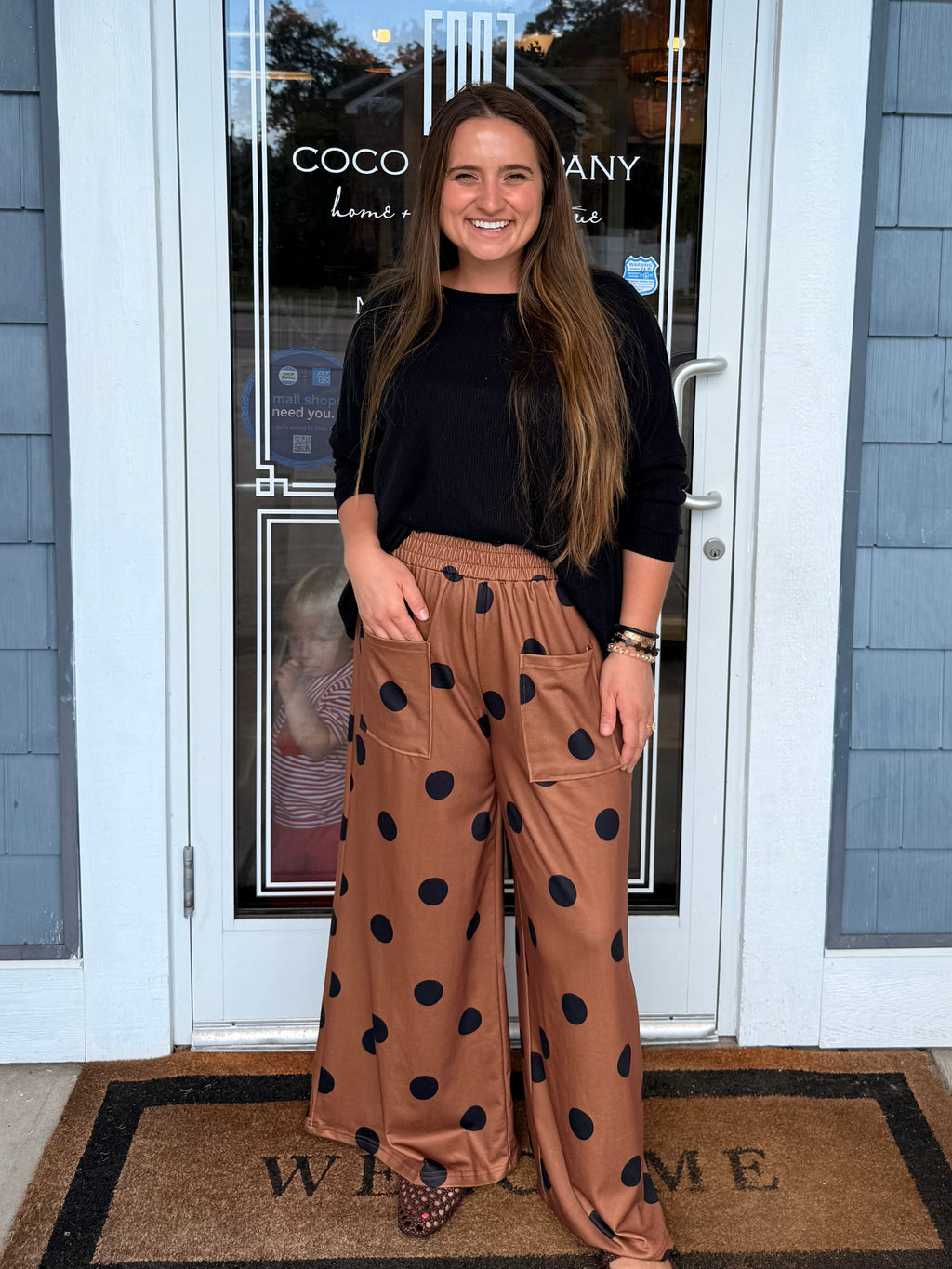 Brown & Black Polka Dot Elastic Wide Leg Pants