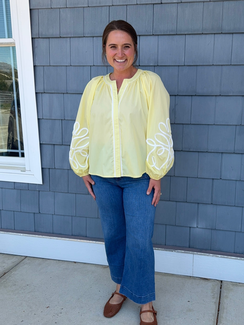 Butter Yellow Soutache Contrast Detail Puff Sleeve Top