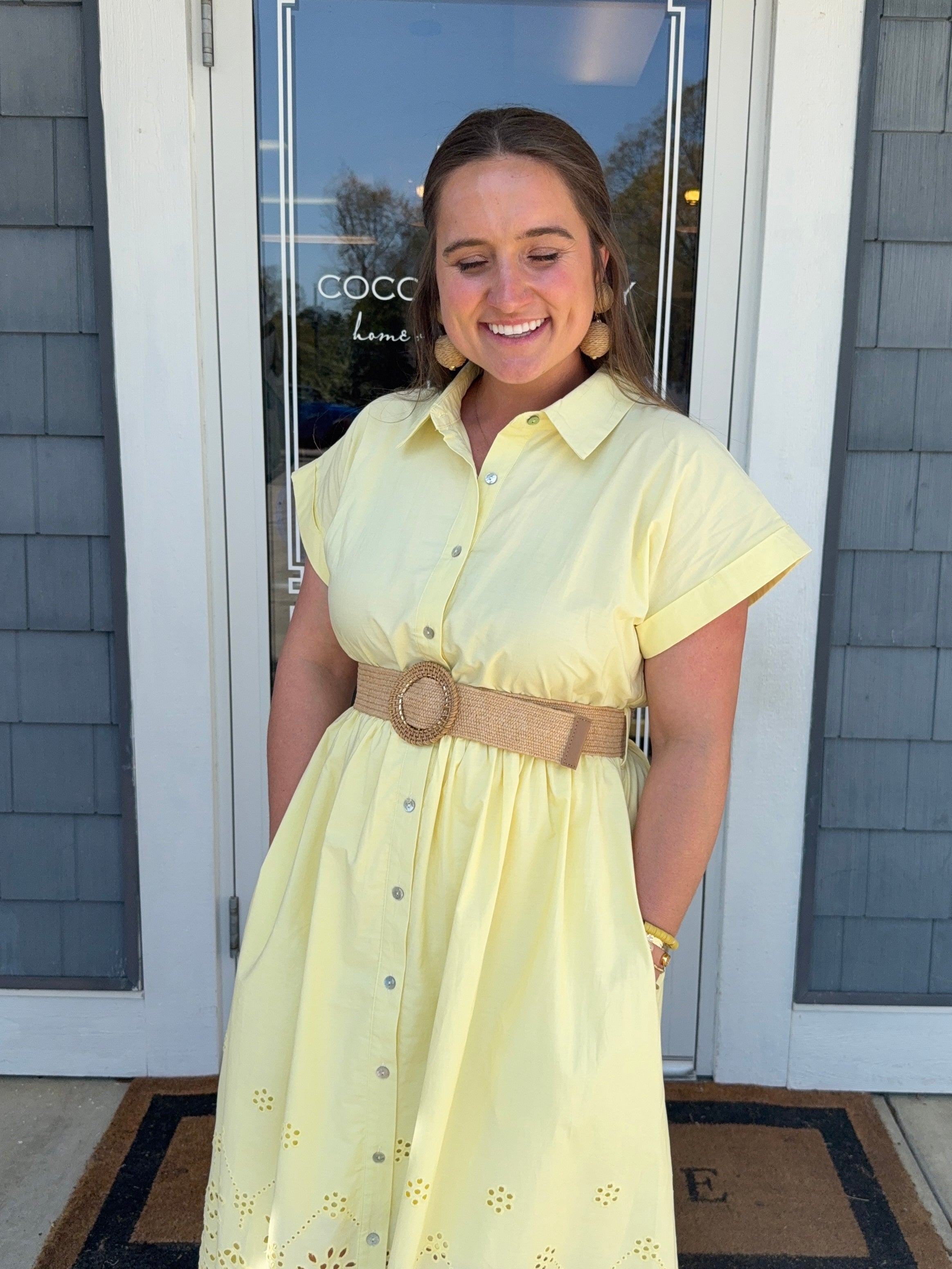 Lemon Eyelet Midi Dress Scallop Trim