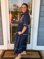 Navy Embroidered Button Down Midi Dress