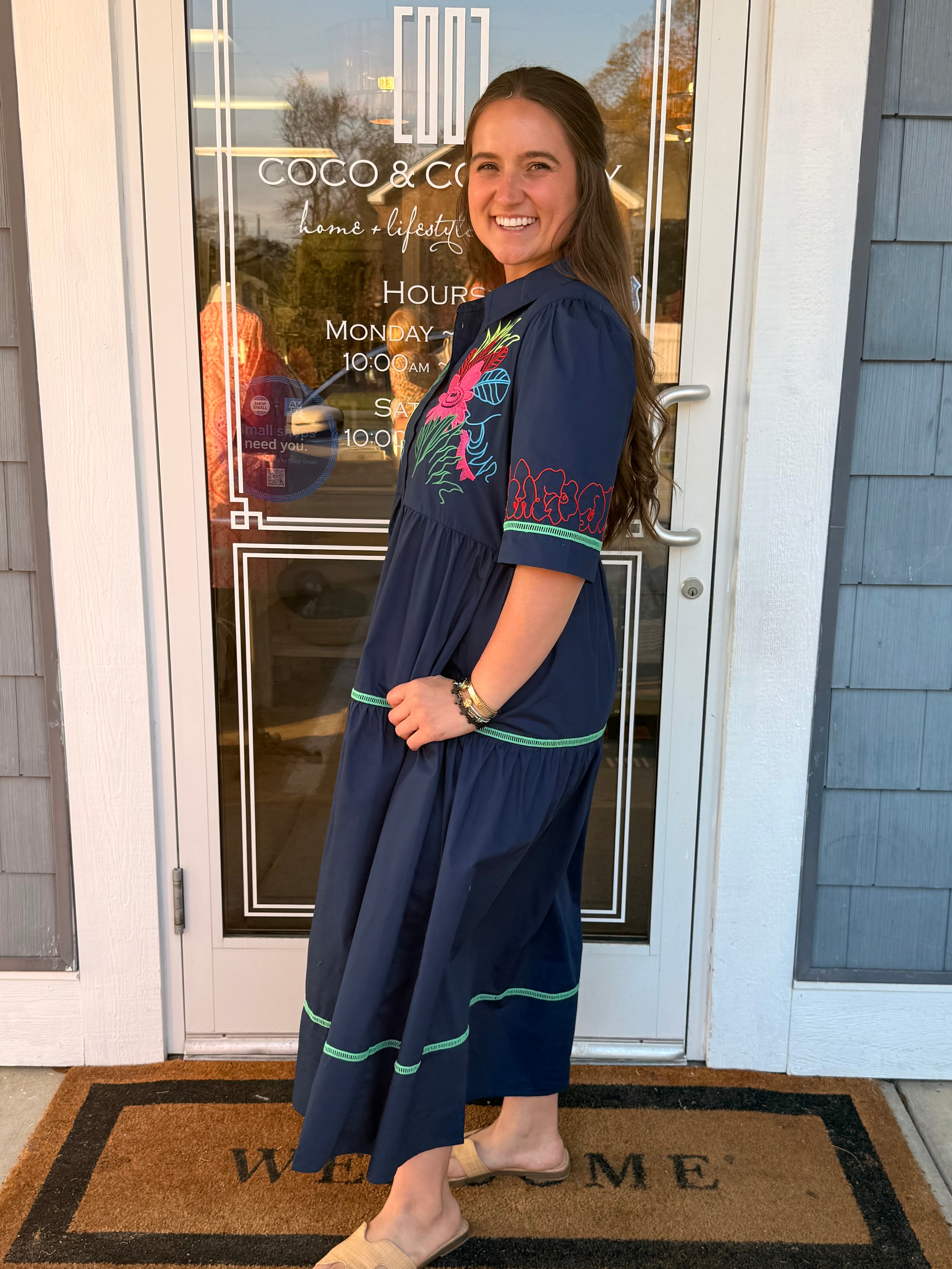Navy Embroidered Button Down Midi Dress