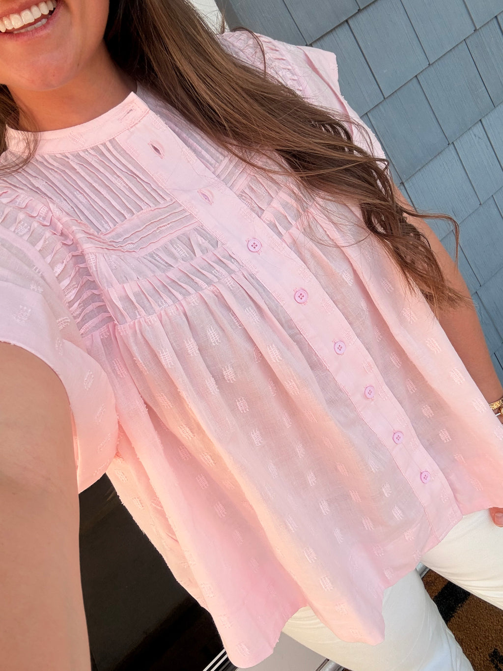 Baby Pink Ruffle Button Up Top