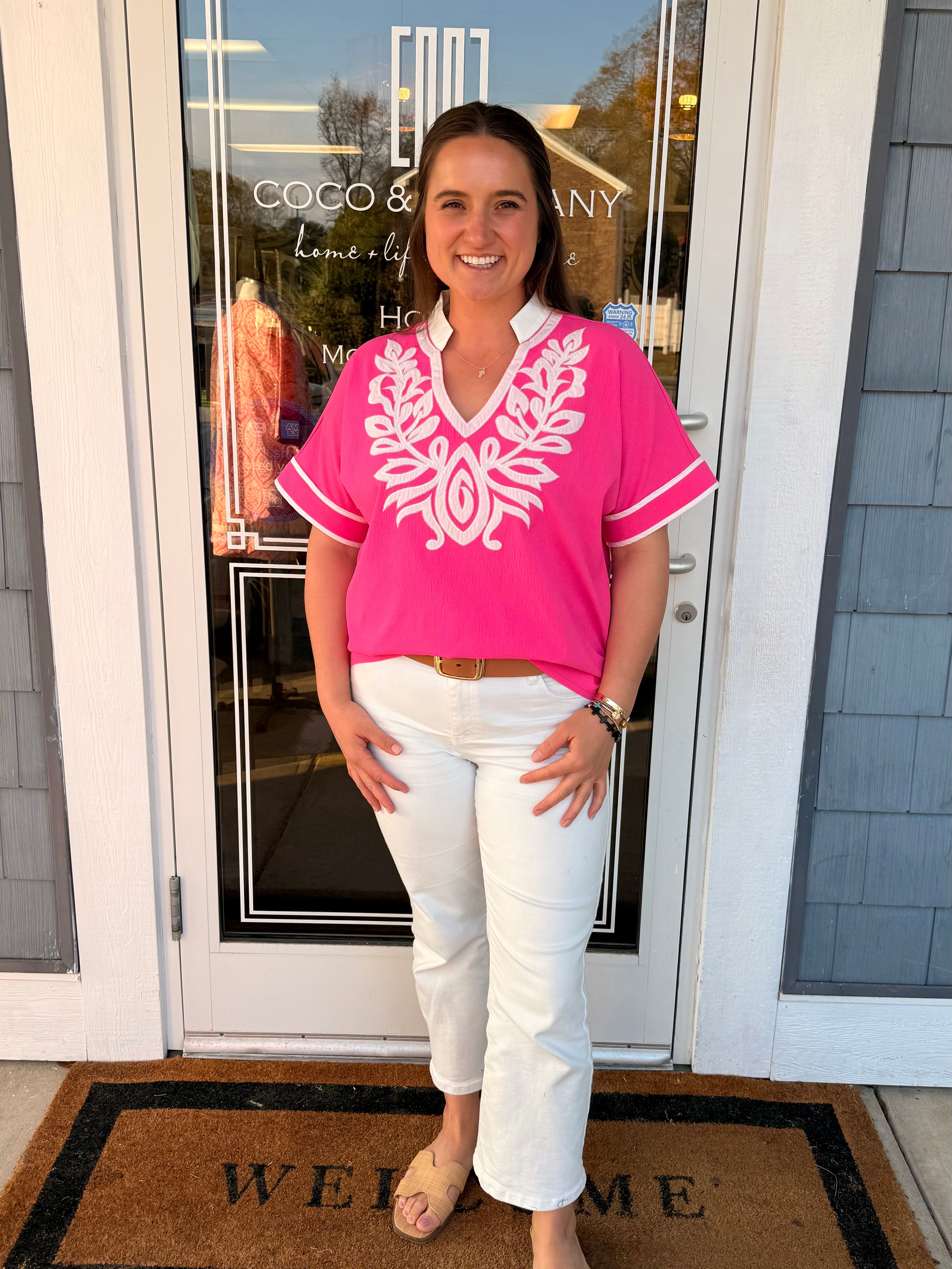 Hot Pink Baroque Appliqué Crinkle Top