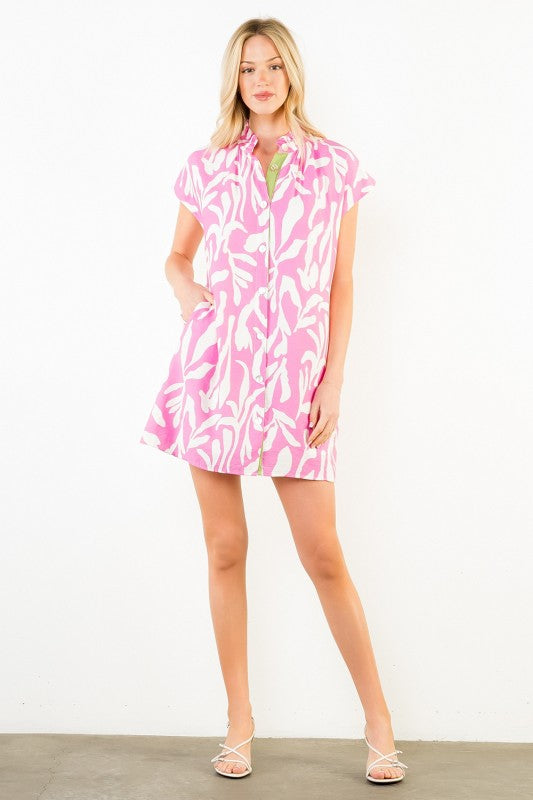 PREORDER: Pink Short Sleeve Woven Patern Detail Dress THML