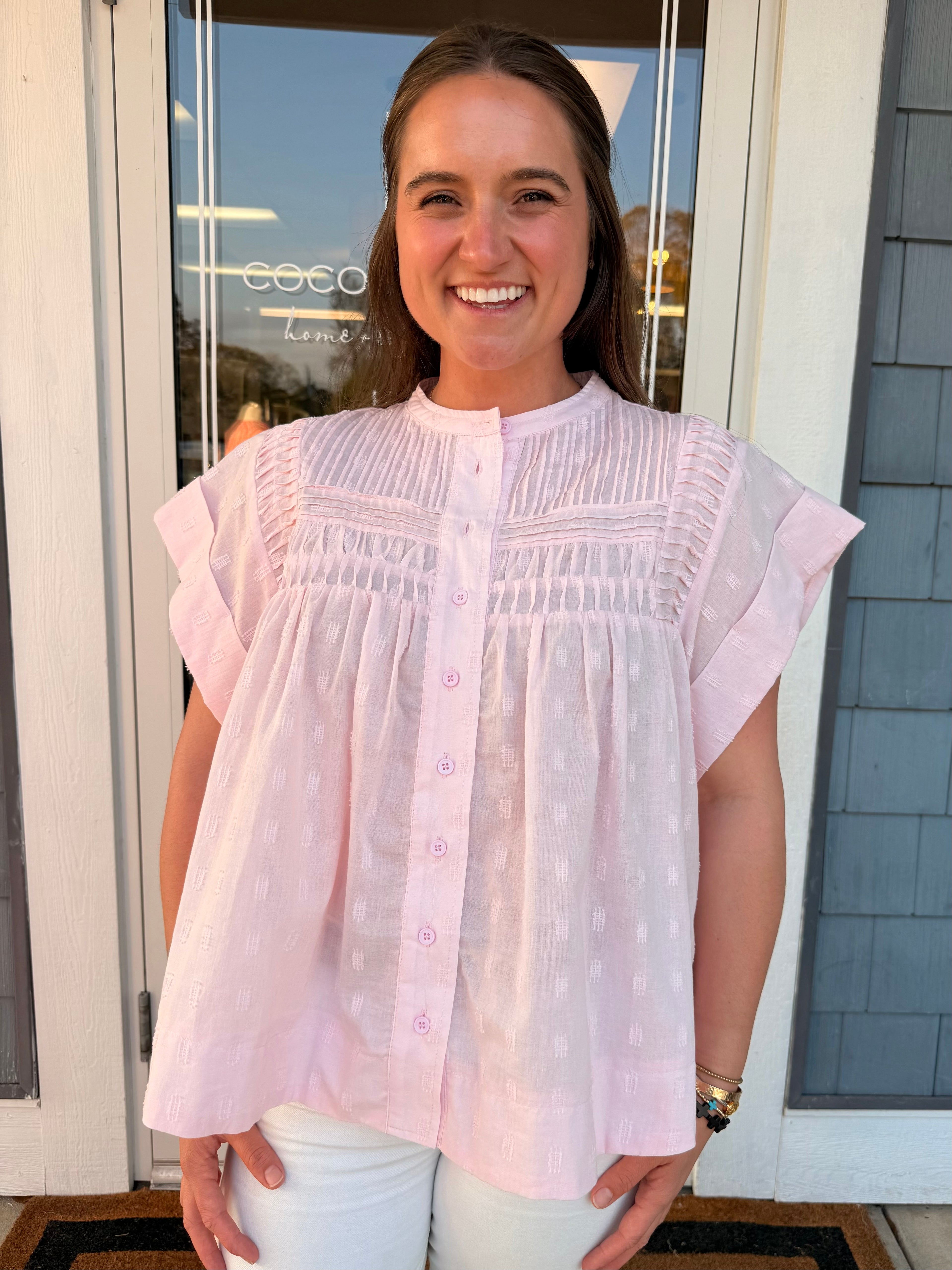 Baby Pink Ruffle Button Up Top