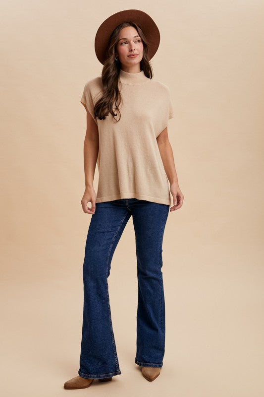 Oatmeal Soft Wool Blend Mock Neck Short Sleeve Sweater