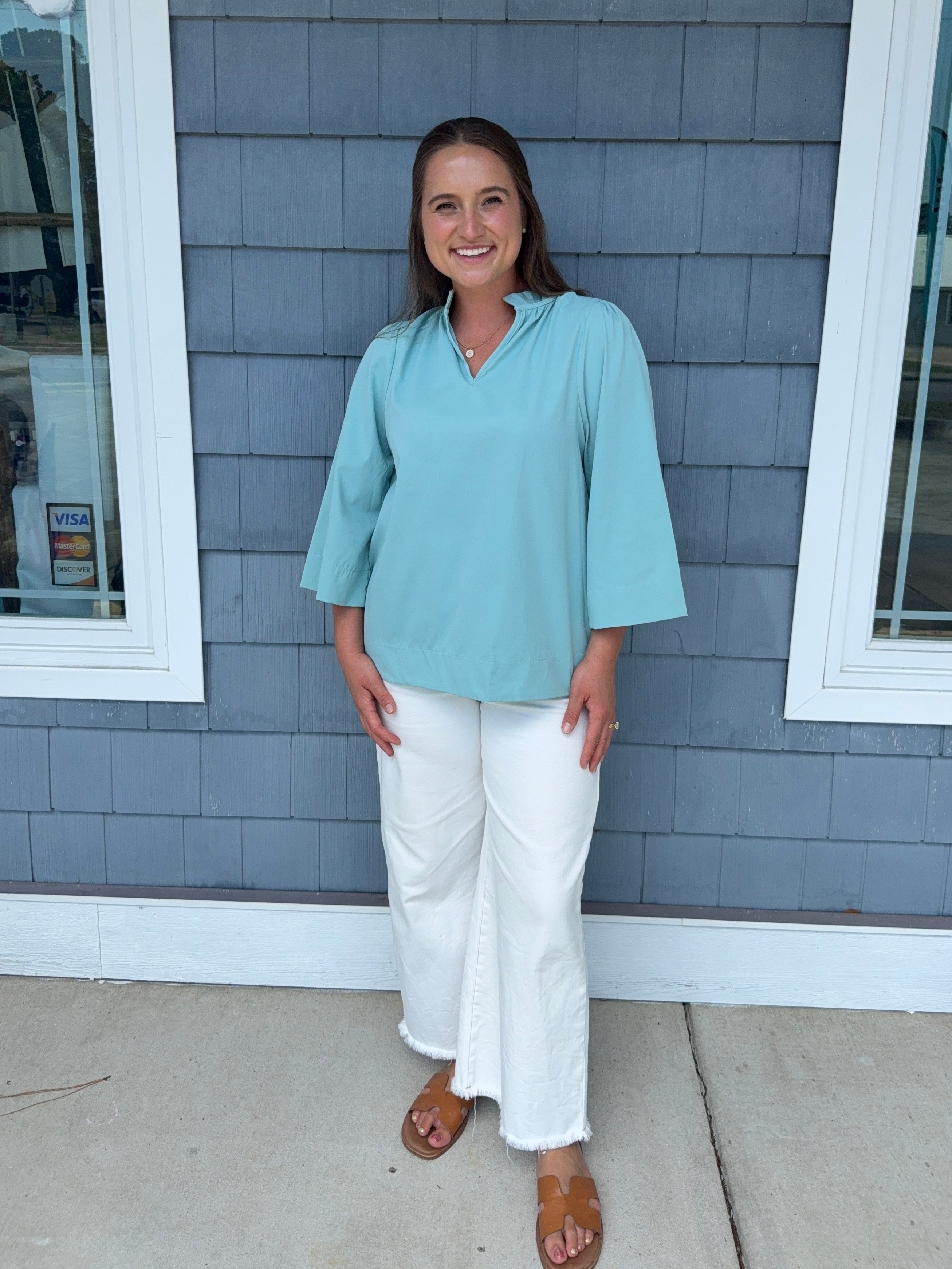 Seafoam Ruffled Neck Blouse