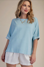 Sky Blue Round Neck Sleeve Trim Band Top