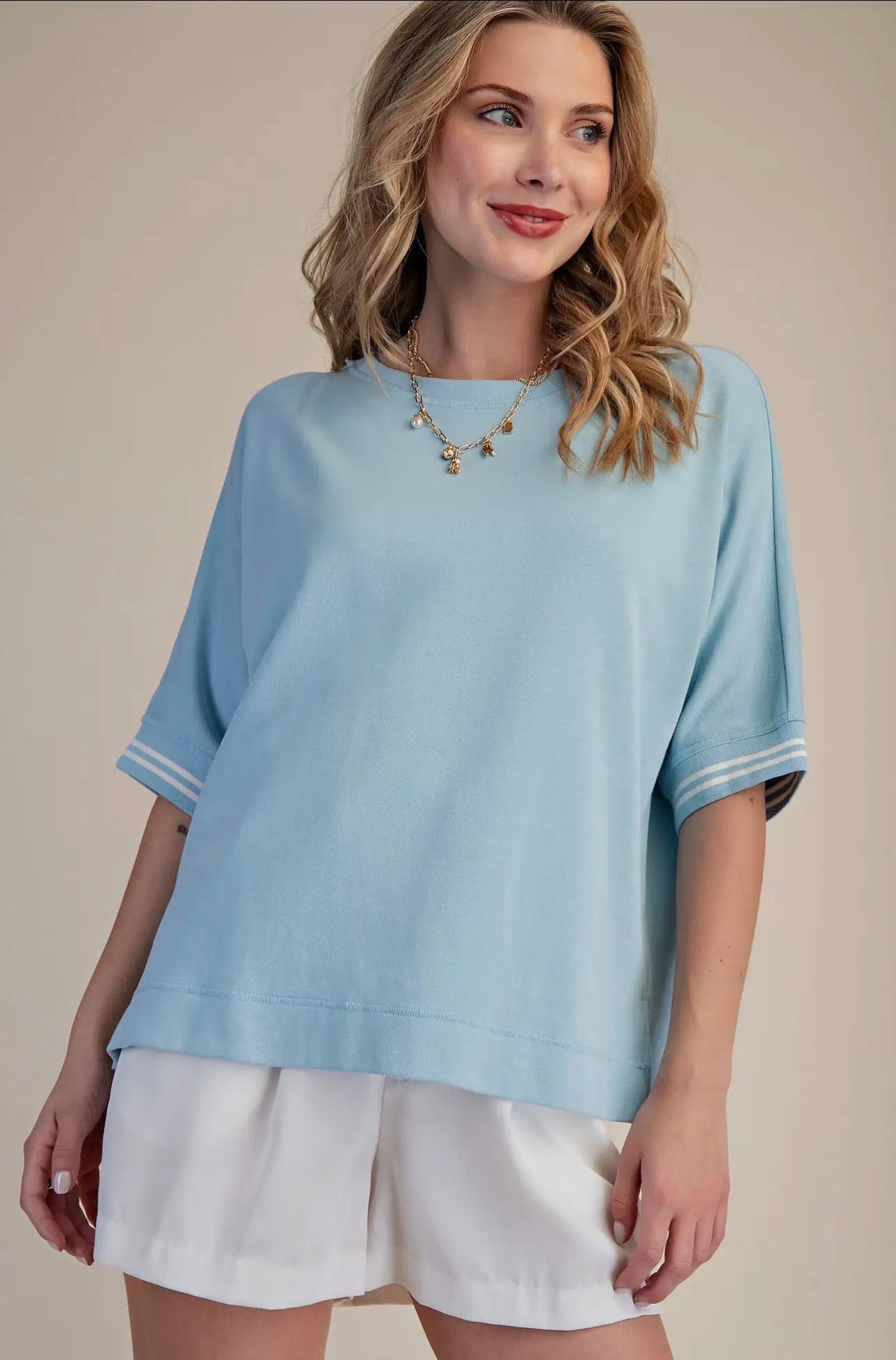 Sky Blue Round Neck Sleeve Trim Band Top