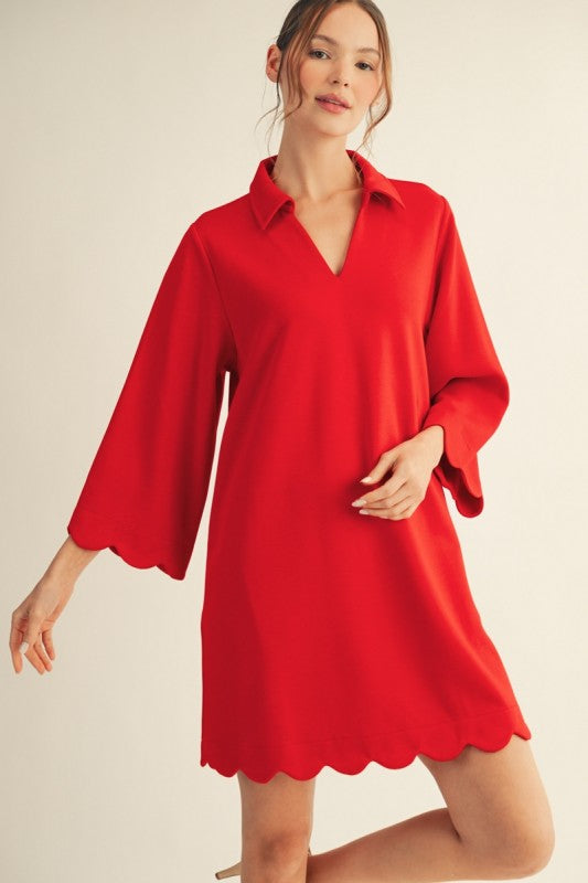 Red Scalloped Hem Solid Dress : SHIPS OR PICKUP 5/26/26