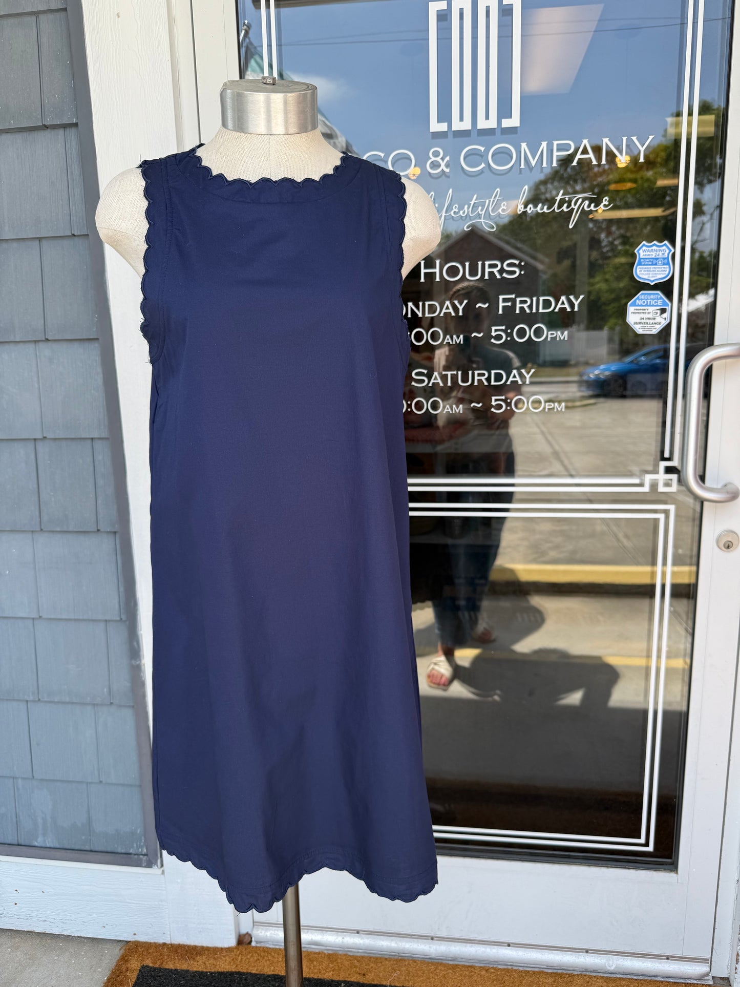 Navy Scalloped Detail Round Neck Dress