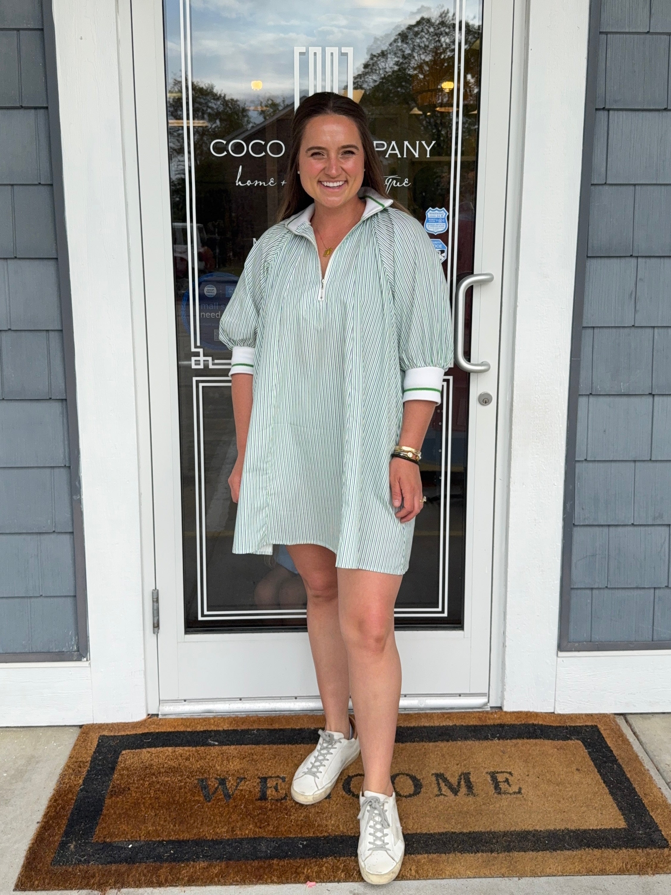 Green & White Mock Neck Banded Puff Sleeve Mini Dress