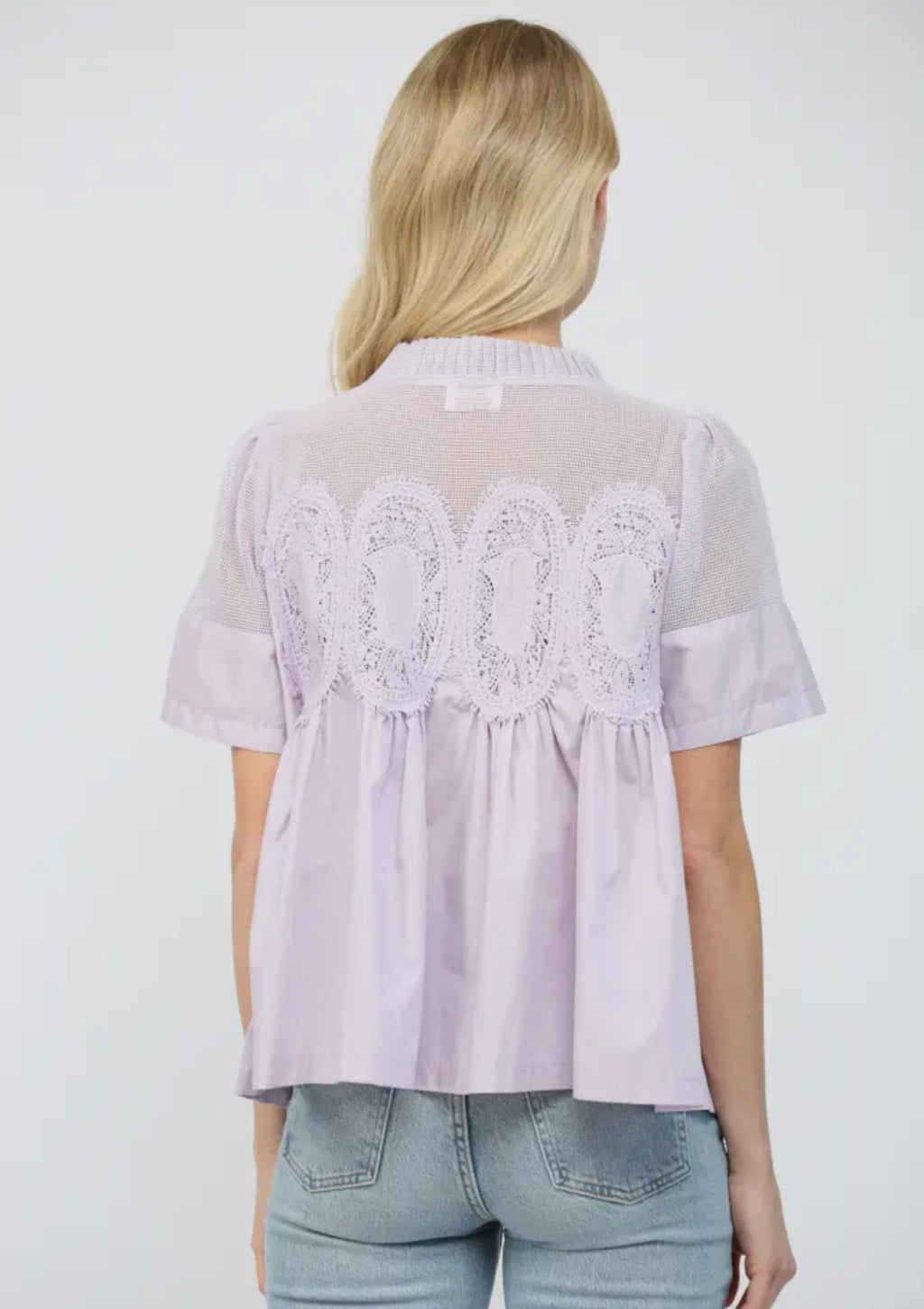Lace Appliqué Mixed Media SS Lavender Top