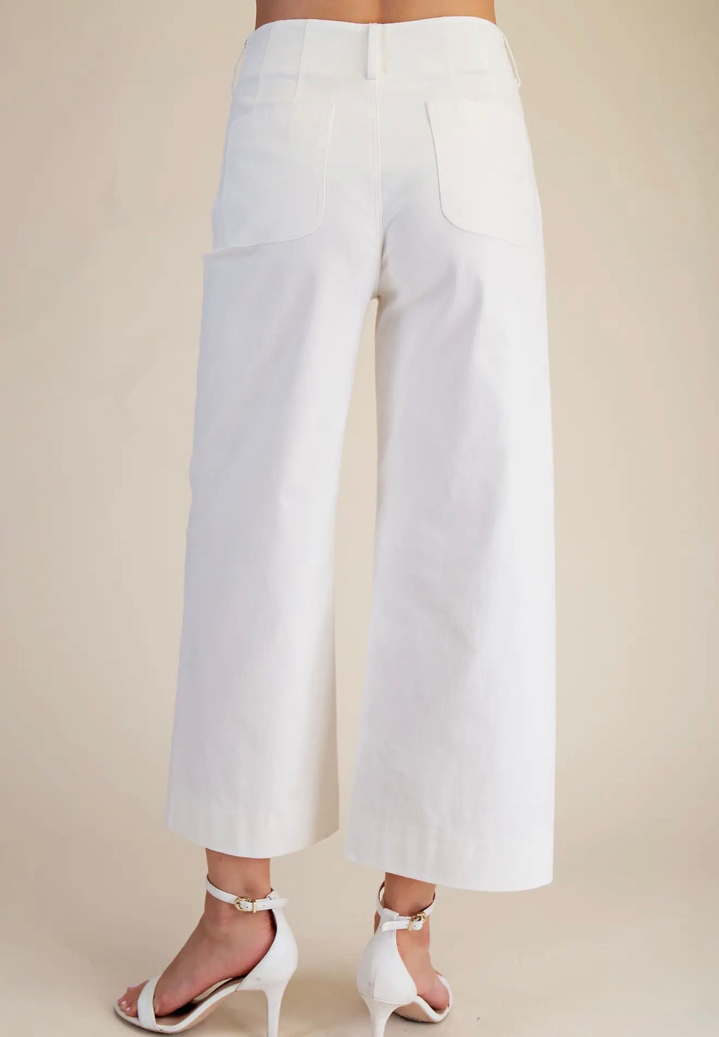 White Wide Leg Cropped Scalloped Pocket Pants