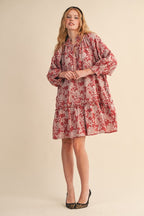 Red Floral Jacquard Smocked Dress