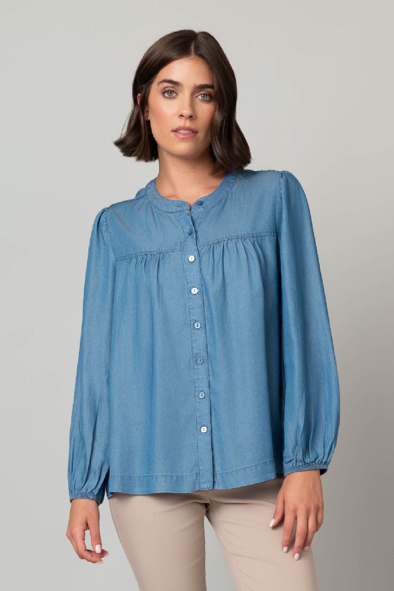 Denim Tencel Button Front Peasant Top