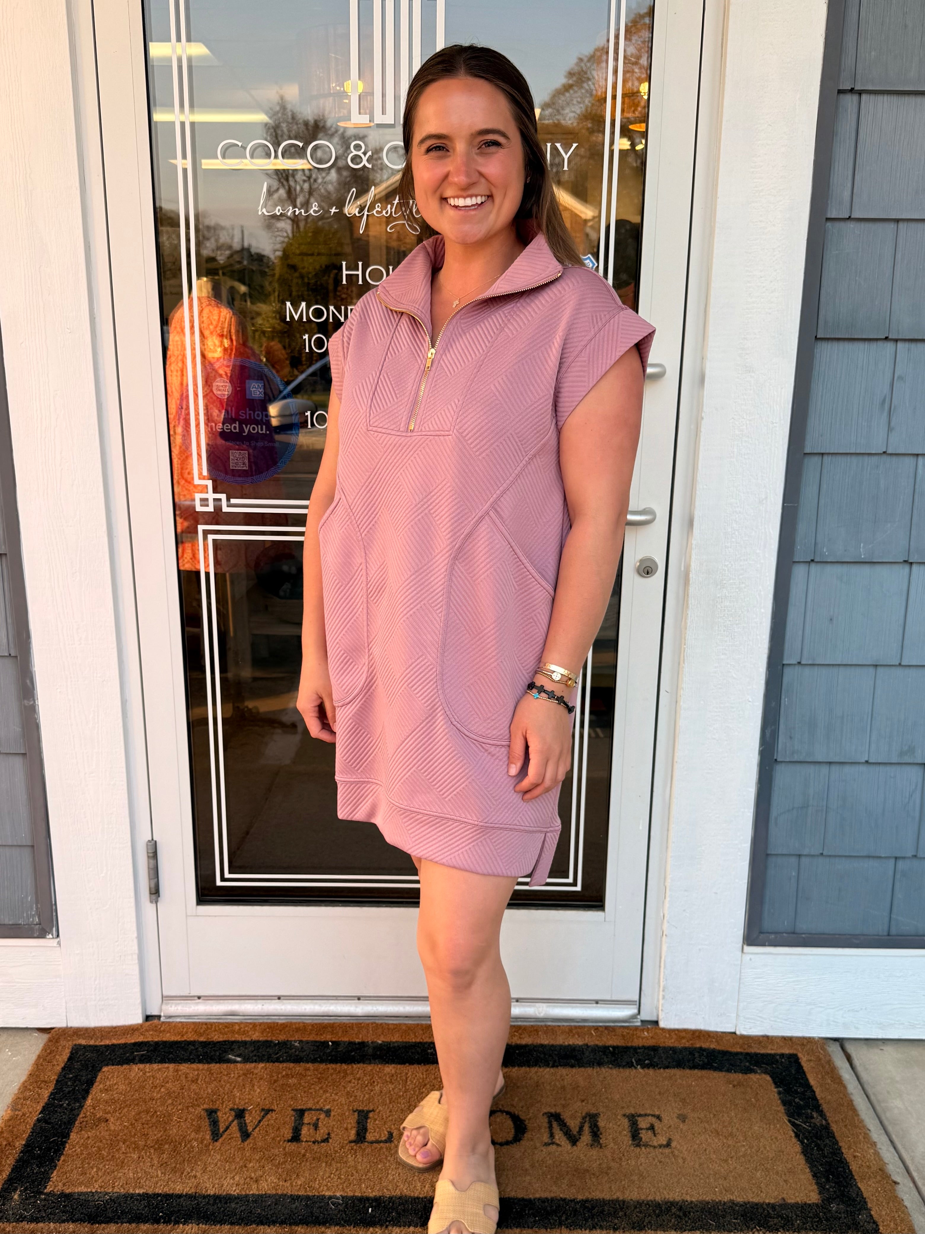 Textured Knit Quarter Zip Dress Light Rose