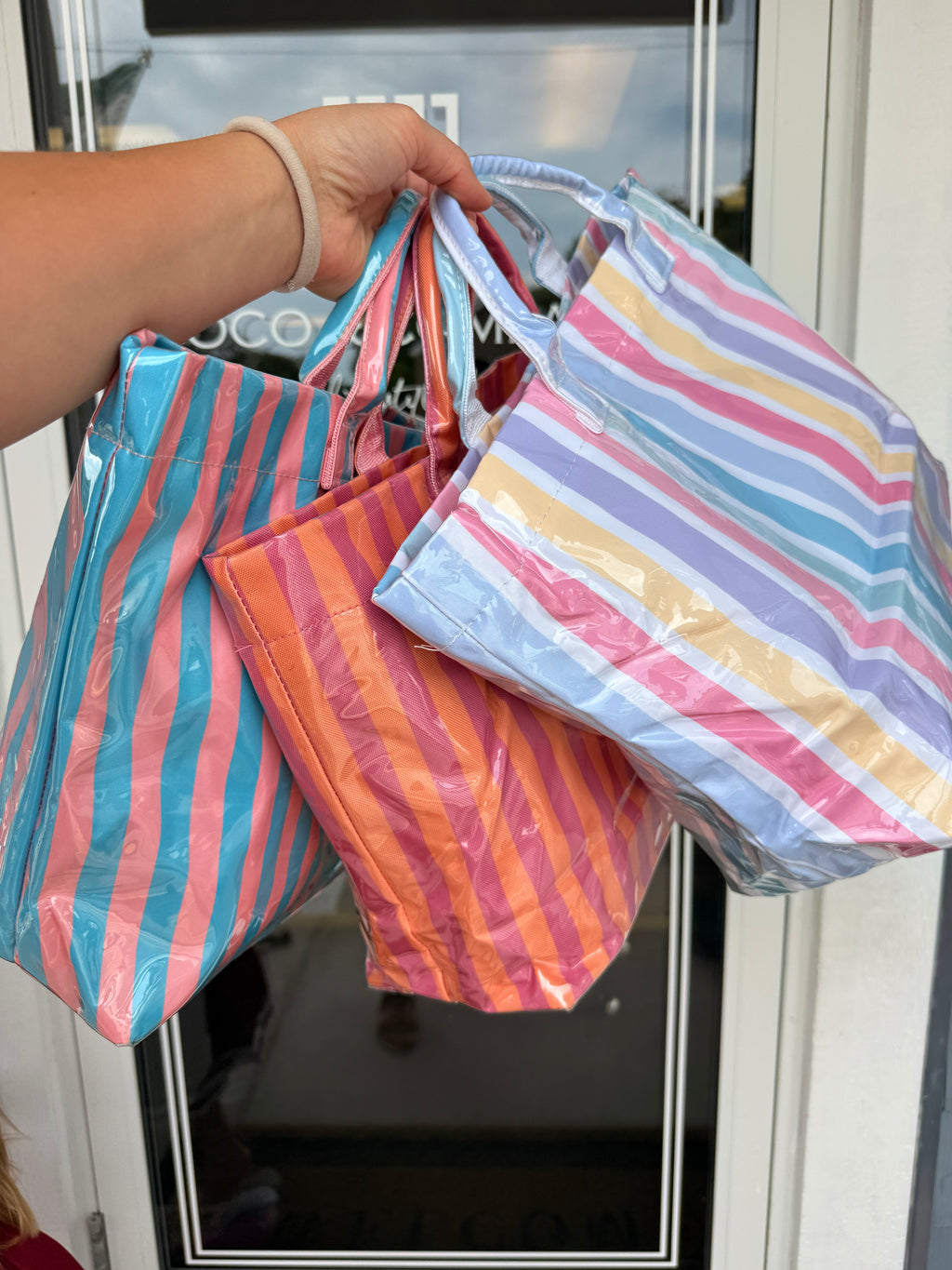 Glossy Pink & Blue Stripe Tote