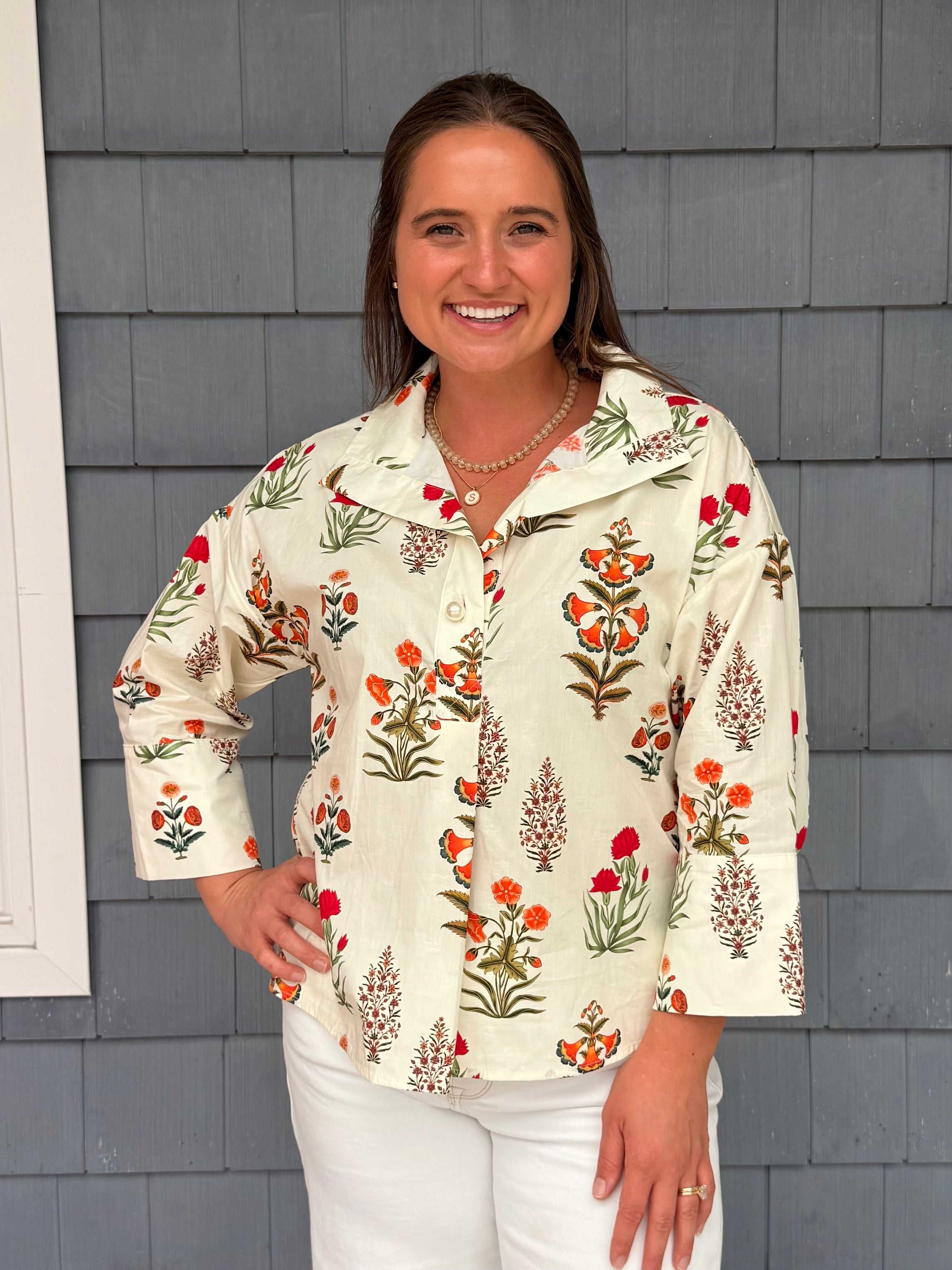Offwhite Big Pearl Button Floral Top