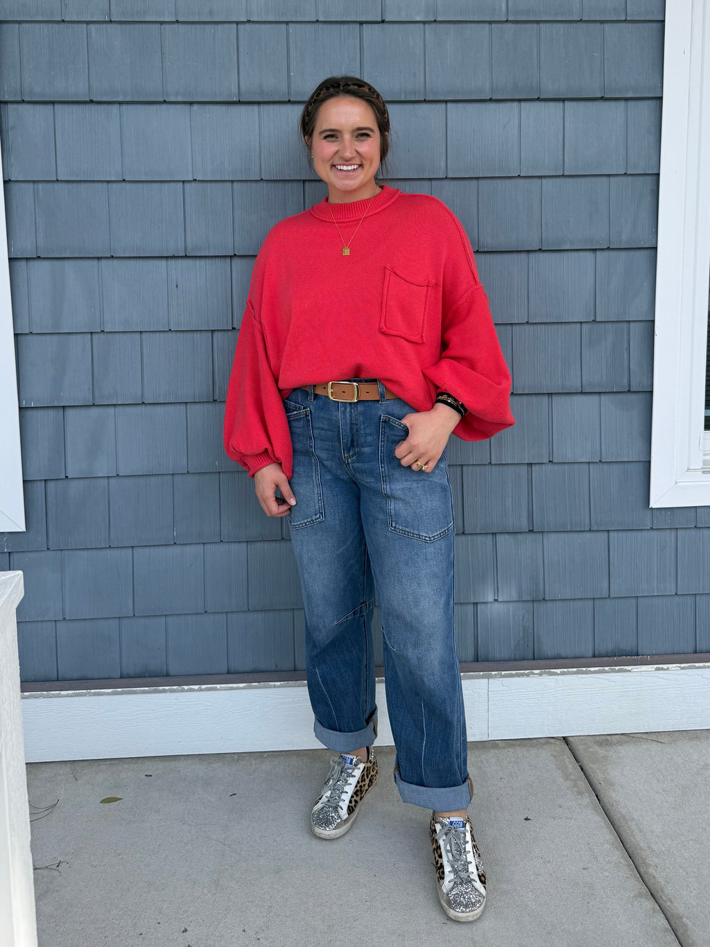 RISEN 4 Way Stretch Mid Rise Barrel Jeans with Patch Pocket Detail