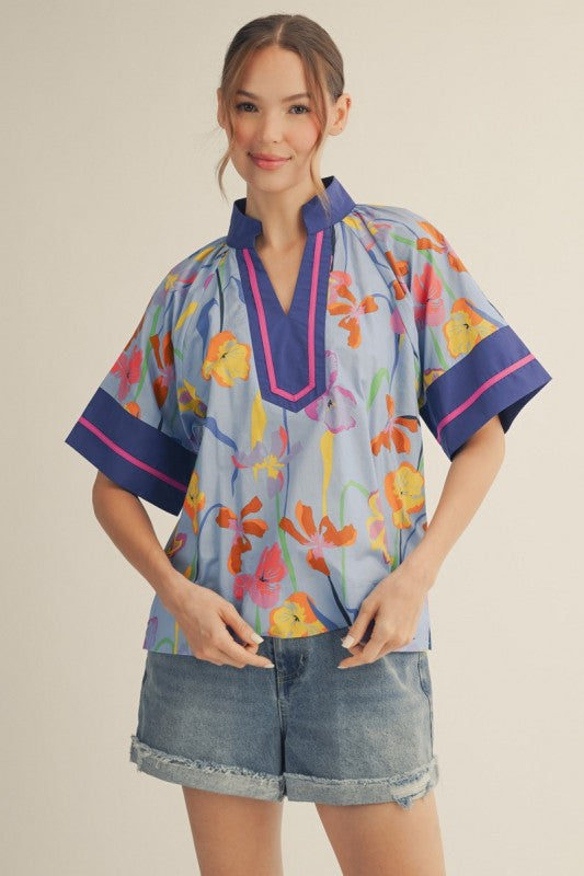 Blue Floral Contrast Detail Top