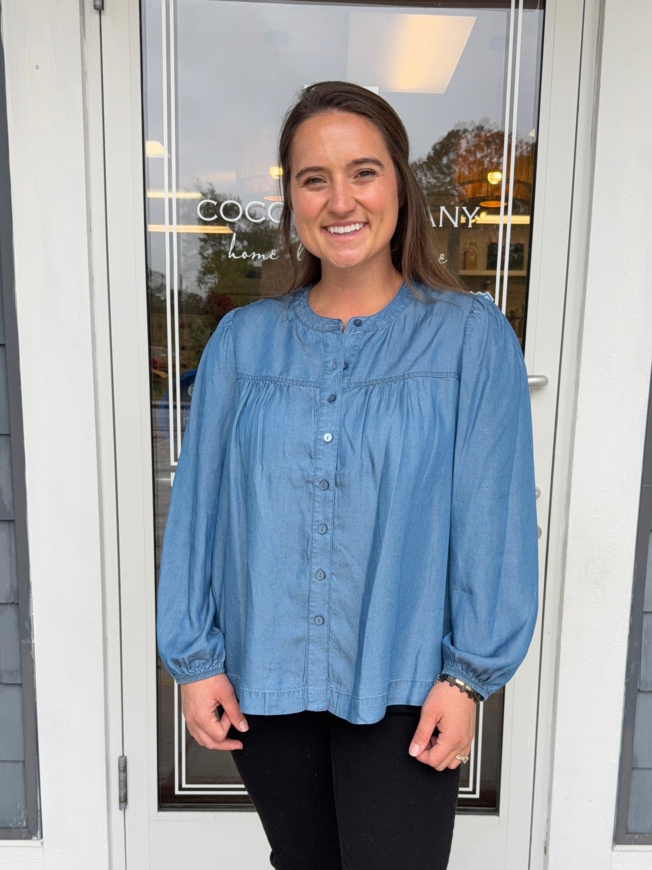 Denim Tencel Button Front Peasant Top