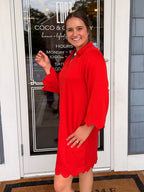 Red Scalloped Hem Solid Dress