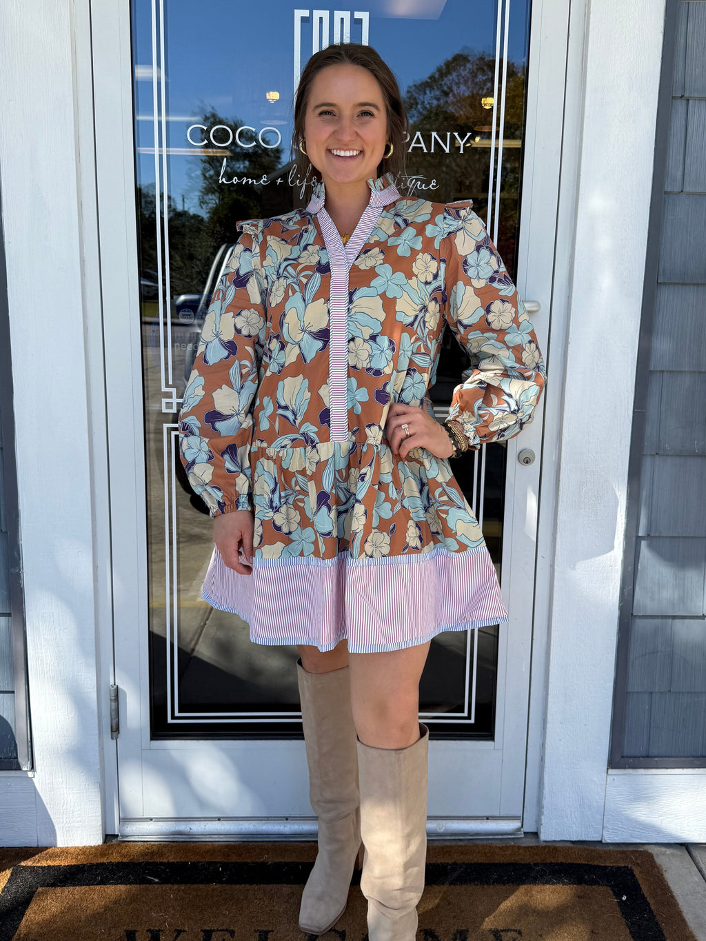 Caramel Ruffle Shoulder Floral Dress