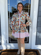 Caramel Ruffle Shoulder Floral Dress