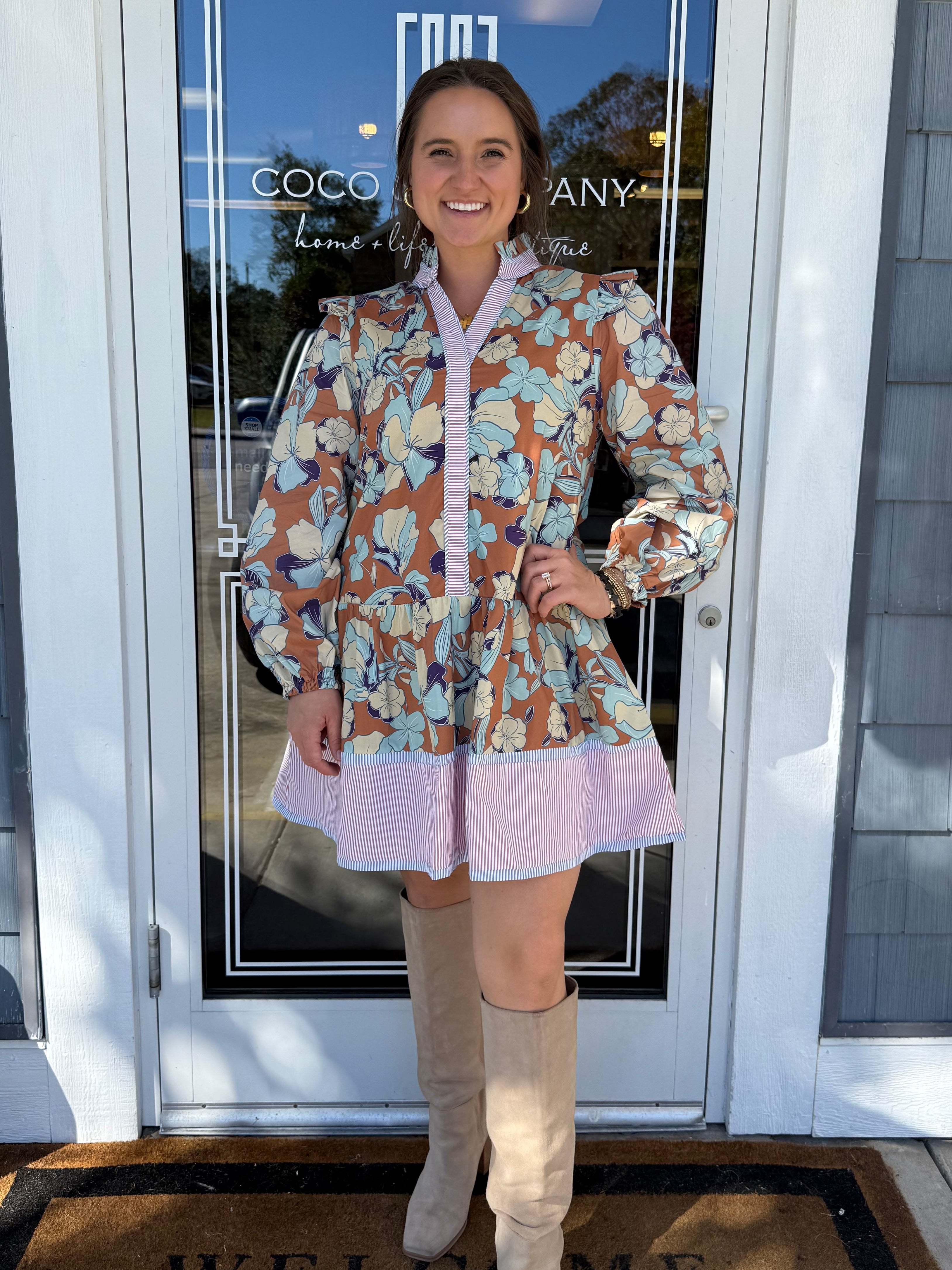 Caramel Ruffle Shoulder Floral Dress